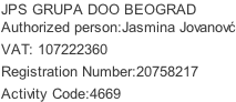 JPS GRUPA DOO BEOGRAD Authorized person:Jasmina Jovanovć VAT: 107222360 Registration Number:20758217 Activity Code:4669